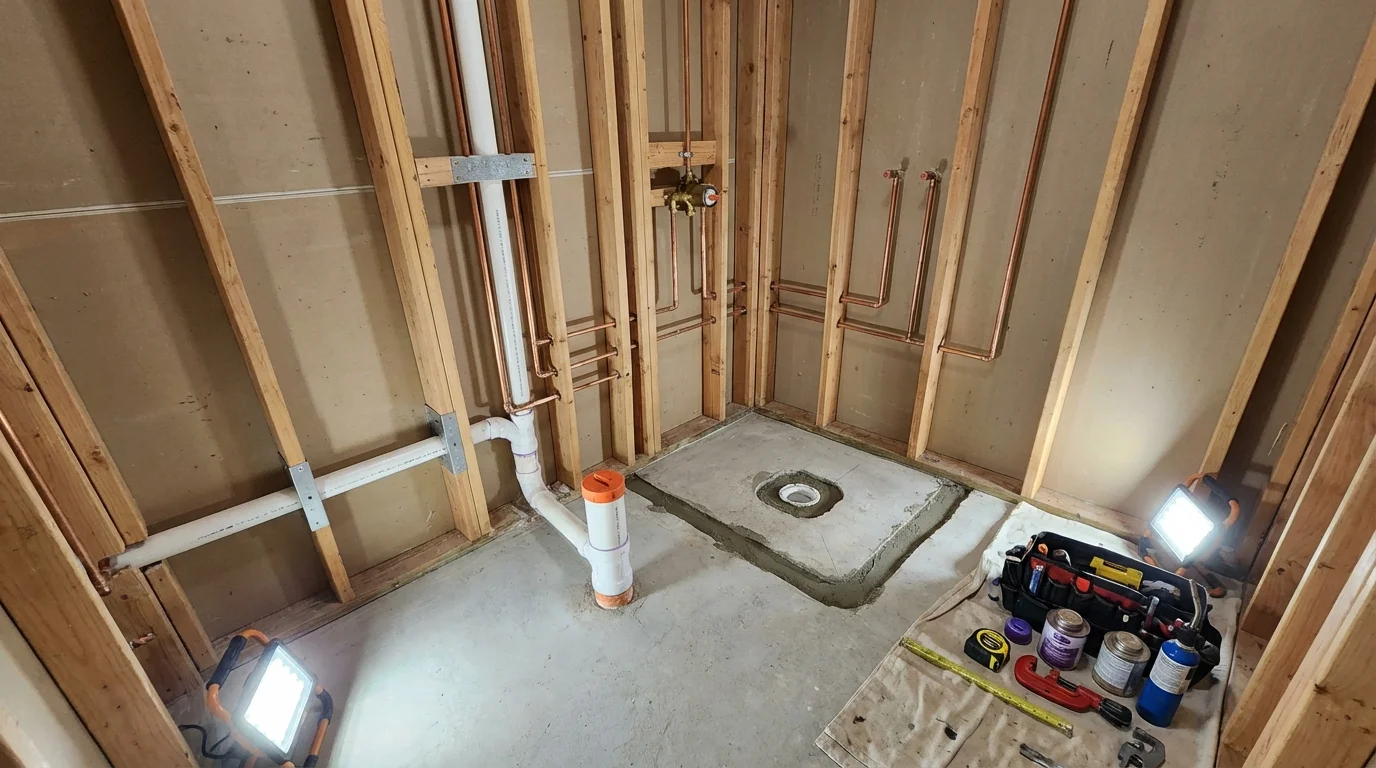 Bathroom rough-in plumbing during remodel by Johns Plumbing LLC in Yarmouth