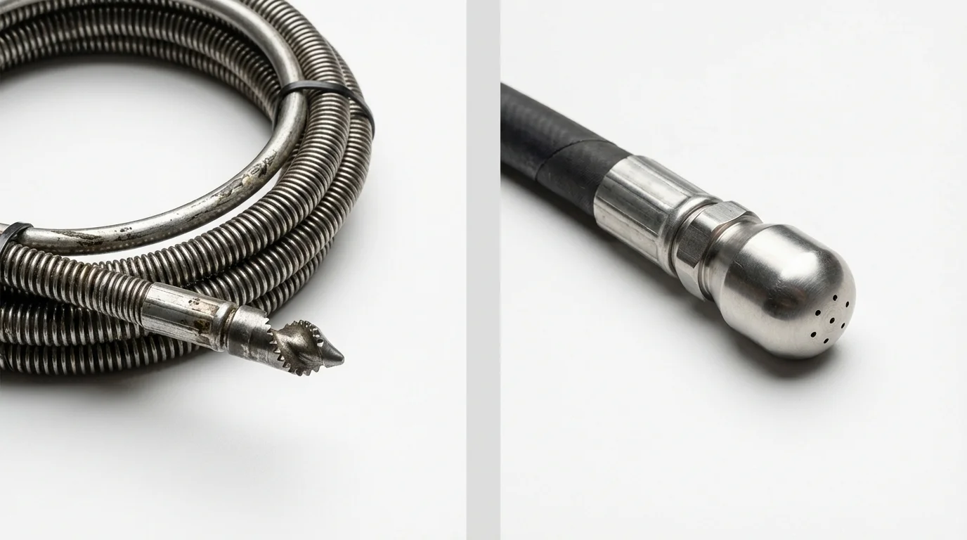 Drain snake cable and hydro jetting nozzle used for drain cleaning in Yarmouth, ME