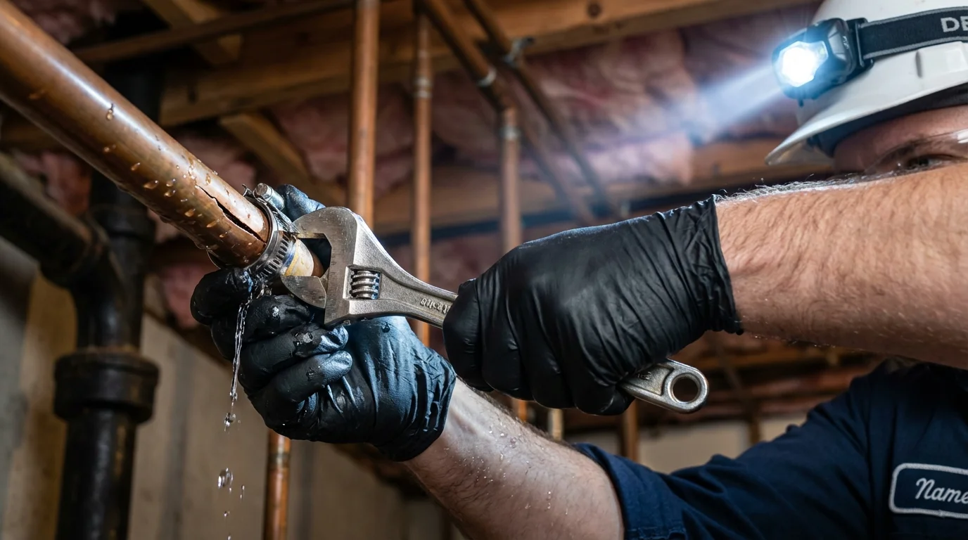 Emergency pipe clamp repair being performed by a Johns Plumbing LLC plumber in Yarmouth
