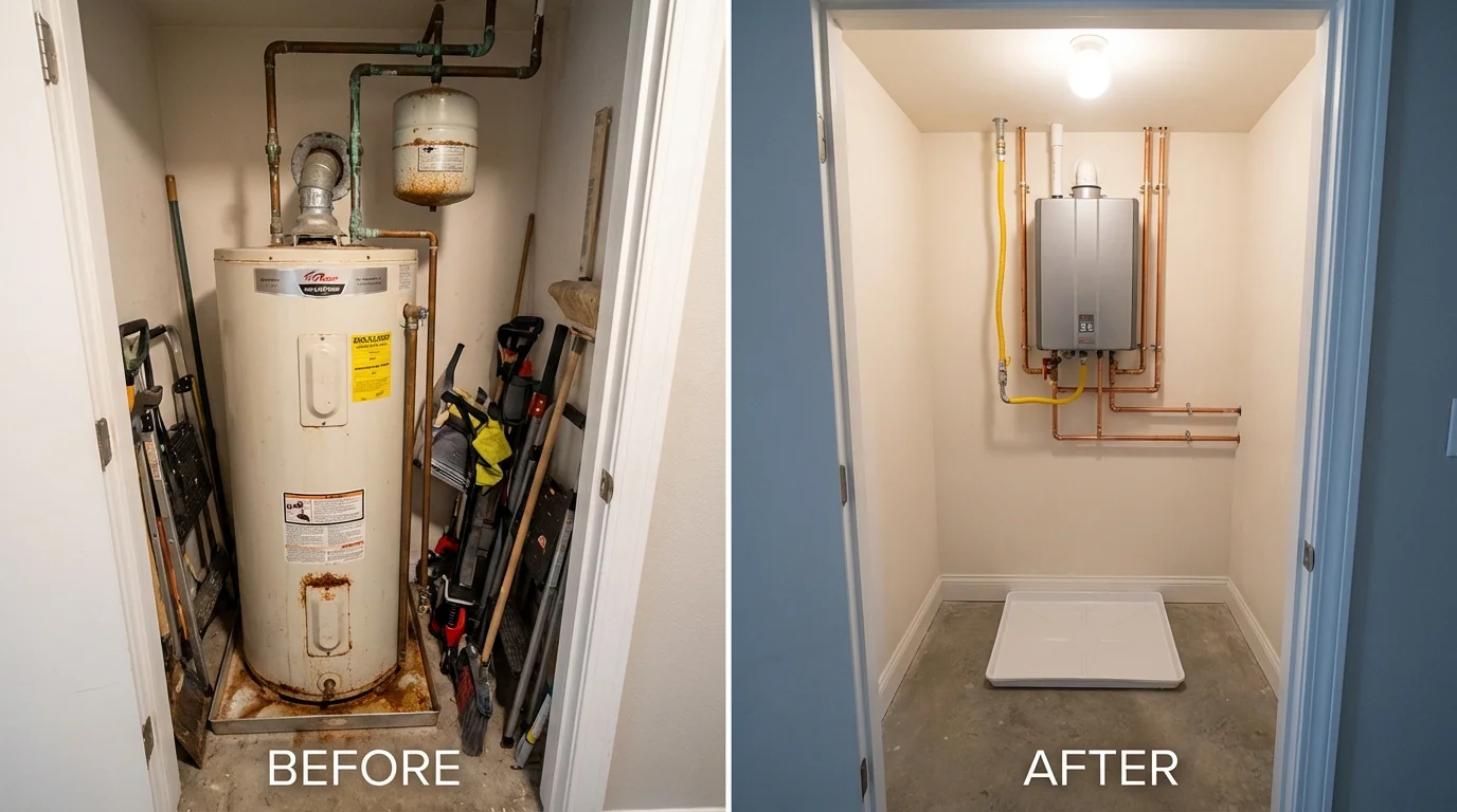 Tank water heater versus wall-mounted tankless unit comparison for Yarmouth, ME homeowners