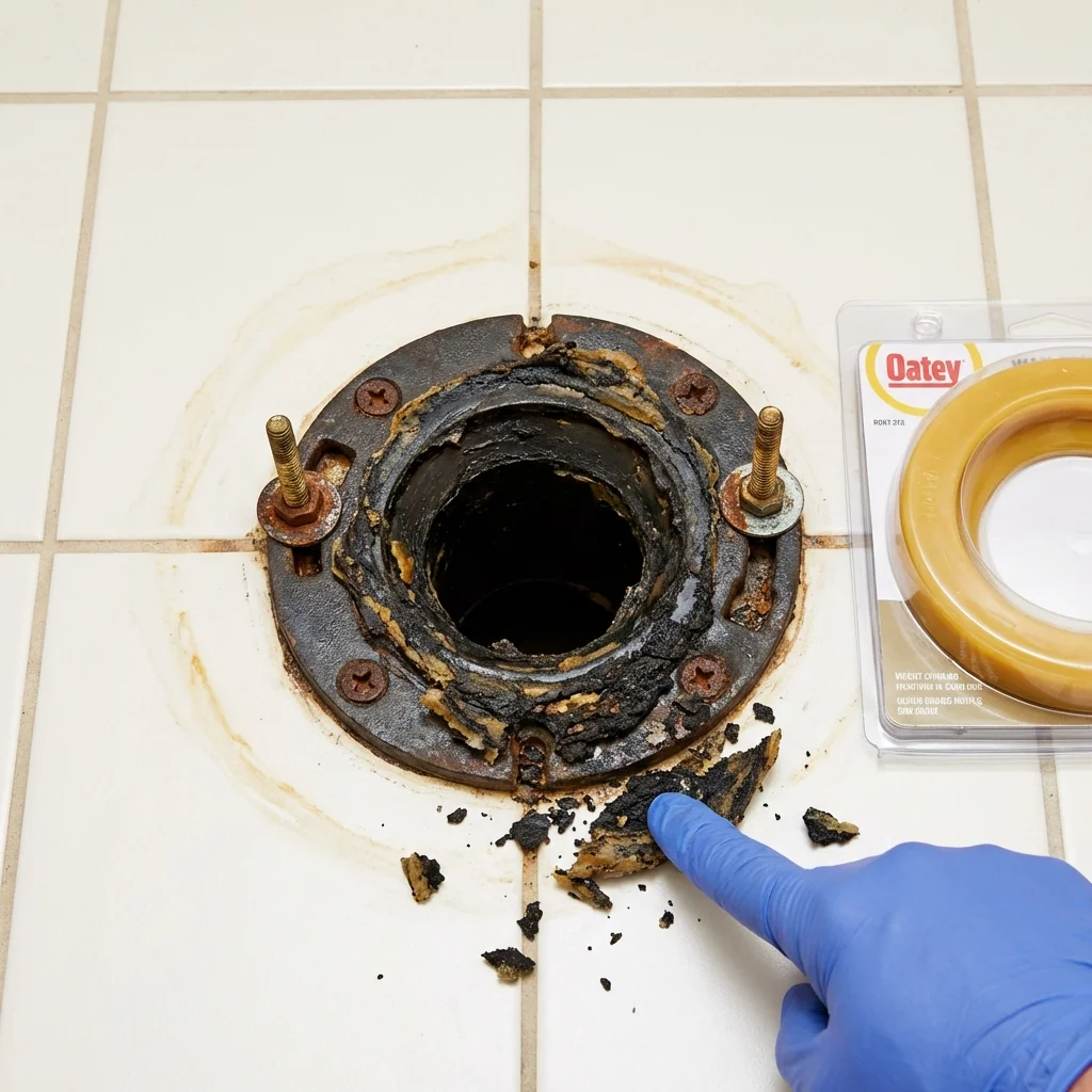 Failed wax ring showing water seepage at the base of a toilet in a Yarmouth, ME home