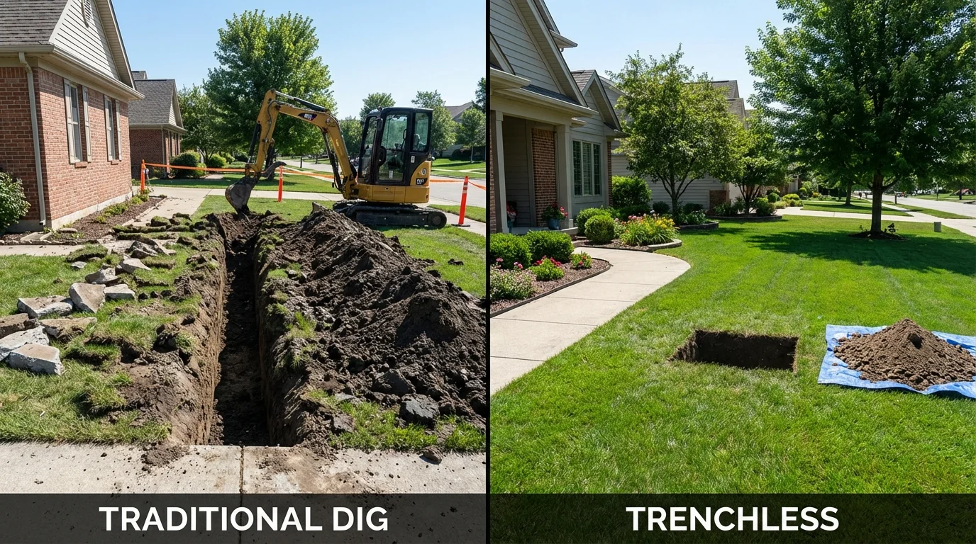 Trenchless sewer repair with minimal yard damage versus traditional excavation in Yarmouth, ME