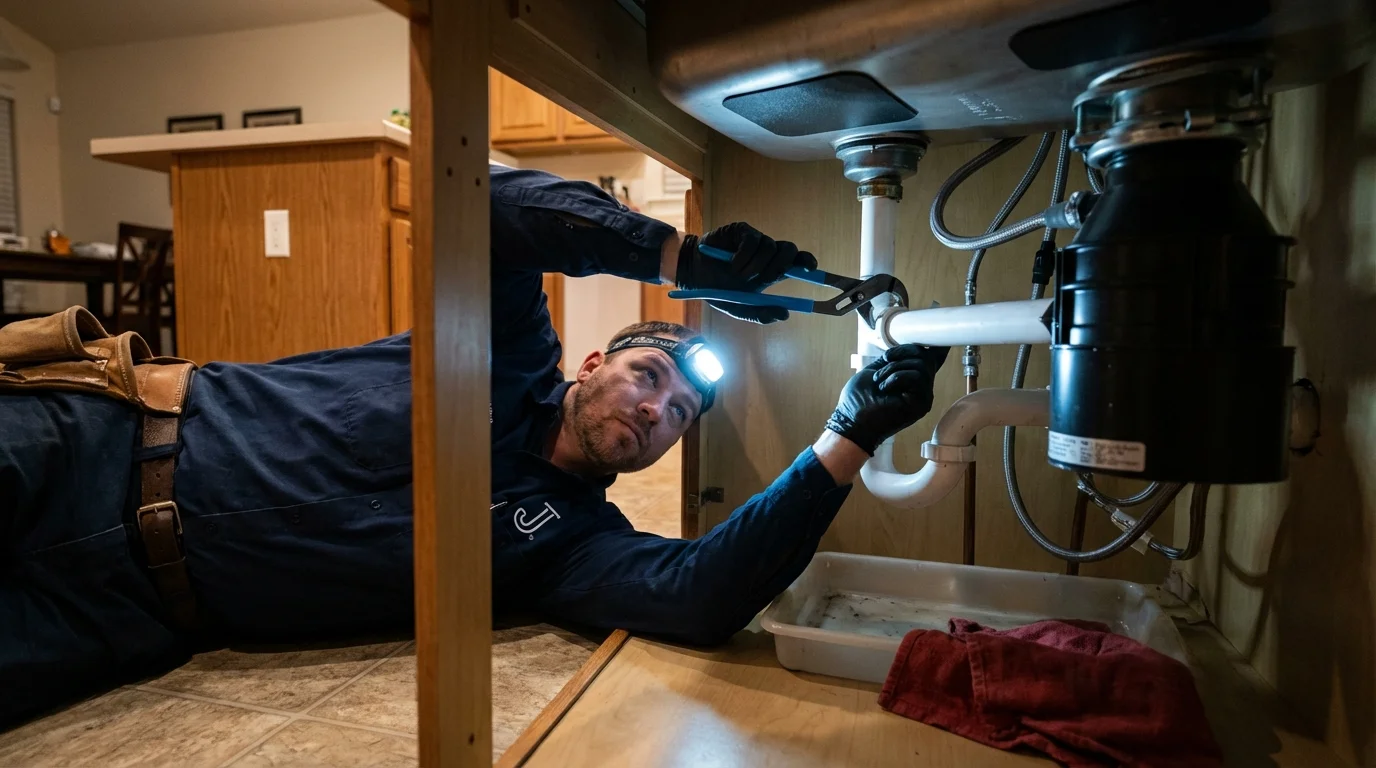 P-trap and supply line connections under a kitchen sink showing a common leak point in Yarmouth, ME